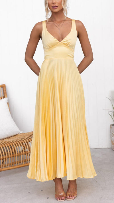 Valeria | Plissiertes Maxikleid Mit V-Ausschnitt