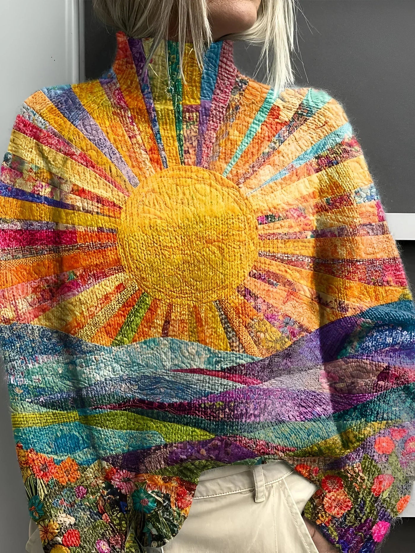 Anaïs – Rollkragenpullover Mit Strahlendem Sonnenaufgang–Motiv